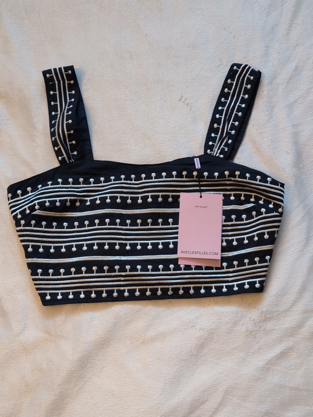 Avec Les Filles Black Crop Top with White Embroidered Stripes